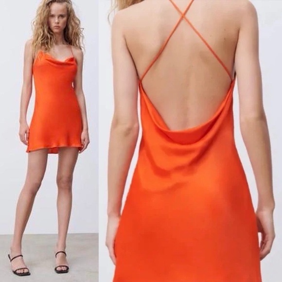 Zara SHORT SATIN EFFECT DRESS in Orange - Picture 1 of 7